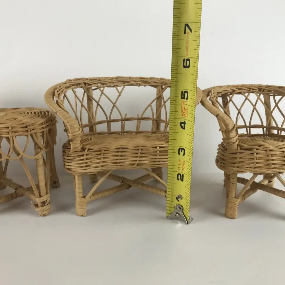 Vintage Fashion Doll Wicker Rattan Toy Furniture Set Loveseat Chair Table Mini